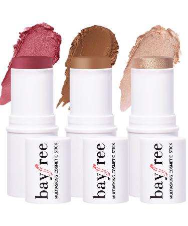 KIMUSE Multi Stick Trio Face Makeup, Cream Blush Stick for Cheeks & Lips, Contour Stick & Highlighter Makeup Sticks for All Skin Quartz Rose Trio