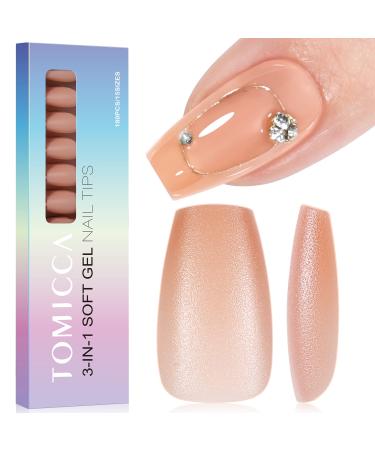 Tomicca nail tips 180 pieces -Short ballerina press on nails 3 in 1 nail tips pre -colored full cover and preformed full base coat nail tips for nail art nail extensions in 15 sizes nude nude short ballerina
