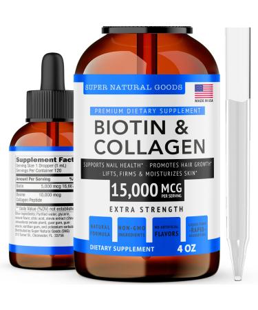 Liquid Biotin & Collagen Hair Growth Drops 15 000mcg (4oz) Supports Hair Growth Radiant Skin Strong Nails - Healthy Skin Nail & Hair Supplement - High Potency Supplements - Vitamins for Women & Men