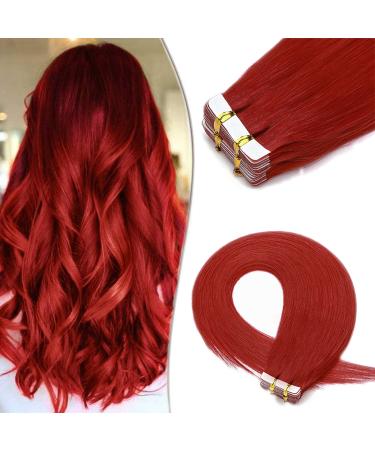 SEGO Tape in Extensions Real Hair 20 Wefts 50g Hair Extension Adhesive Hairpiece Remy Hair (+10pcs free Tapes) Red 16"(45cm)-50g