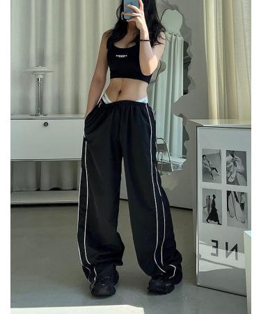 Athlisan Women's Y2K Black Parachute Pants - Baggy Wide Leg Track Pants (Large) - Buy Online on GoSupps.com