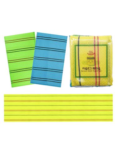 Korean Big Exfoliating Mitt and Body Towel Set - Large Size Mitt and Back Scrubber for Removing Dead Skin (3 pcs) (Green  Blue  Yellow)