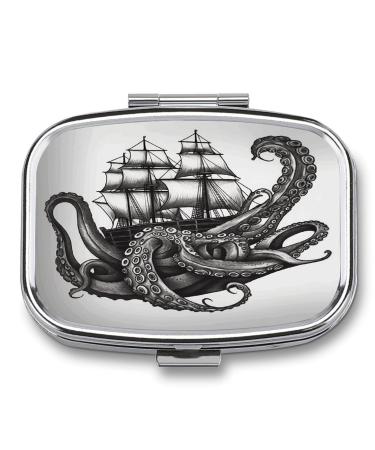 Pill Box Black and White Octopus and Ship Print 2 Compartment Medicine Pill Case Pill Organizer Decorative Metal Portable Pill Box for Pocket Or Purse Style