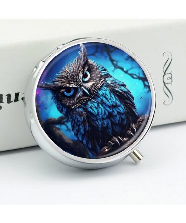 Round Blue Owl Print Pill Box - 3 Compartment Portable Medicine Organizer | Decorative Metal Pocket Pill Case - Buy Online on GoSupps.com