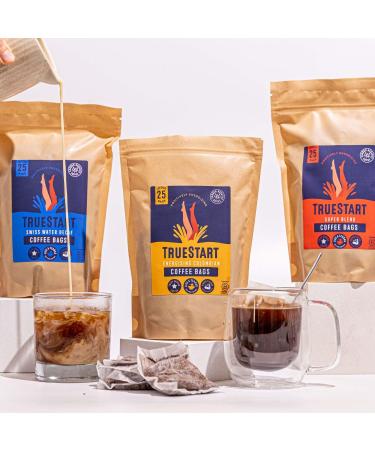 TrueStart Energising Colombian Arabica Loose Coffee Bags - Quick Brew Biodegradable Bags in Recyclable Pouch (25 Count) - Buy Online on GoSupps.com