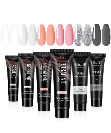 ROSALIND Poly Nail Gel Set Clear Pink Poly Nail Gel Colours 6PCS Poly Extension for Nails Poly Clear Gel Poly Builder Easy Nail DIY at Home for Nail Enhancement Art Design 1-white Nude Pink