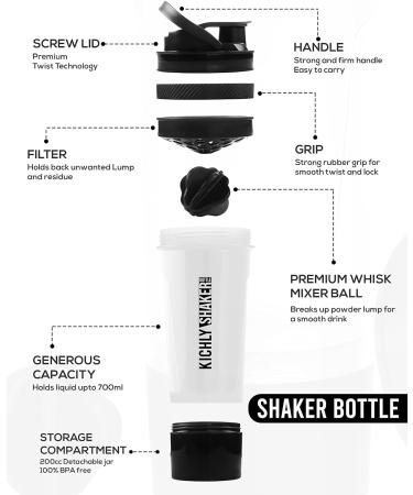 KICHLY (Set of 2 Classic Protein Shaker Bottle (700 ml) with Protein Shaker Ball - Non-Leak Cap with Container for Protein Shakes Perfect Fitness & Workout Partner (Black & Clear) - Buy Online on GoSupps.com
