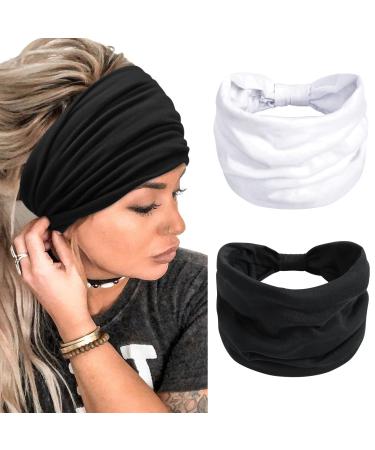 Headbands for Women s Hair Wide Head Bands Adult Womens Boho Hair Bands Ladies Sport Headband Yoga Head Wraps( Black + White) Headbands Color-C