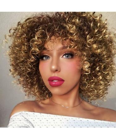 Onpep Afro Curly Wigs for Black Women Short Shoulder Length Kinky Wig with Bangs Brown Mixed Blonde Heat Resistant Wigs