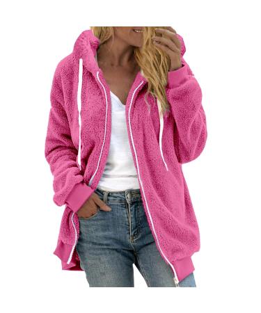 Hanxiulin fleece plush jacket fluffy warm zipper ceiling ceiling hoodie ladies oversize long warm lightweight quilted autumn coat women's coat elegant with hooded plush jacket xl hot pink