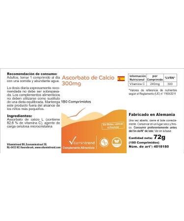 Ascorbate de Calcium 180 comprim s ! POUR 6 MOIS ! Vitamine C 300mg tamponn e V gan Flacon avantageux | Vitamintrend  - Buy Online on GoSupps.com