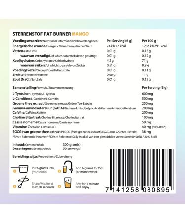 Sterrenstof Fat Burner Mango - Appetite Suppressant with L-Carnitine Green Tea & Caffeine | 300g Powder for Quick Weight Loss | 50 Portions - Buy Online on GoSupps.com