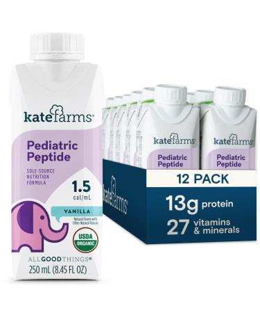 Kate Farms Pediatric Peptide 1.5, Sole-Source Nutrition Formula, Organic Enzymatically Hydrolyzed Plant-Based Protein Drink, Meal Replacement for Oral & Tube Feeding, Vanilla, 8.45 Fl Oz (Pack of 12) Vanilla 1.5 cal/ml