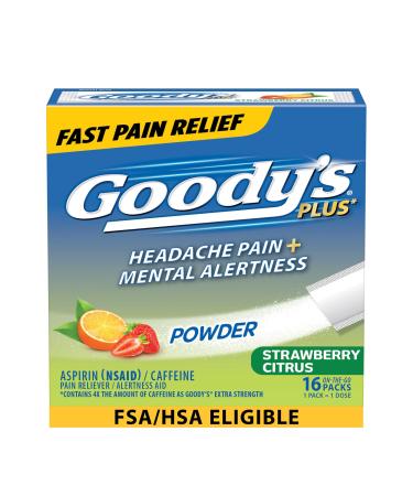 Goody s Headache Relief Plus Mental Alertness Powder with Aspirin and Caffeine Strawberry Citrus Flavor 16 Count