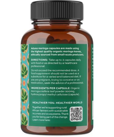 Aduna Organic Moringa Capsules 1500mg | 100% Pure Moringa Leaf for Energy Immunity & Focus | Natural Plant-Based Food Supplement for Tiredness Recovery & Breastfeeding | 180 Vegan Capsules - Buy Online on GoSupps.com