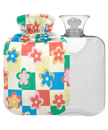 NAANLE hot hot water bottle with cover checkered floral flower motif transparent hot water bottle hot bottle for back pain relief from hand feet warmer for neck heat and cold therapy 2 l