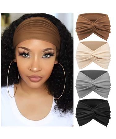 DRESHOW 4 Pack Turban Headbands for Women Wide Vintage Head Wraps Knotted Cute Hair Band Accessories 4 pcs: beige black coffee grey
