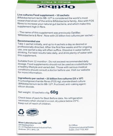 Optibac Bifido & Fibre Probiotic Supplement - 10 Sachets, 25 Billion Cultures - Vegan Formula for Digestive Health & Regularity - Buy Online on GoSupps.com