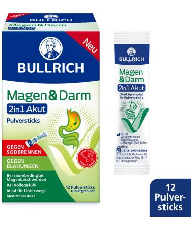 Bullrich Stomach & Darm 2in1 Akut - Vegan Relief for Heartburn & Flatulence | 12 Powder Sticks | Ideal for Travel - Buy Online on GoSupps.com