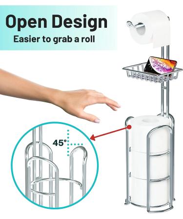 Freestanding Toilet Paper Holder Stand with Reserve & Dispenser - Chrome Finish | Bathroom Storage Rack for 4 Mega Rolls with Cell Phone Shelf - Buy Online on GoSupps.com