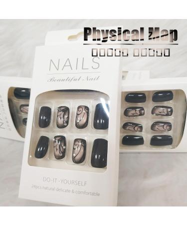 Black Curve Line Press on Nails - Glossy Black Medium Square False Nails with Dark Vine Design & Rhinestones | 24Pcs Gel Glue On Acrylic Manicure Art for Women & Girls - Buy Online on GoSupps.com