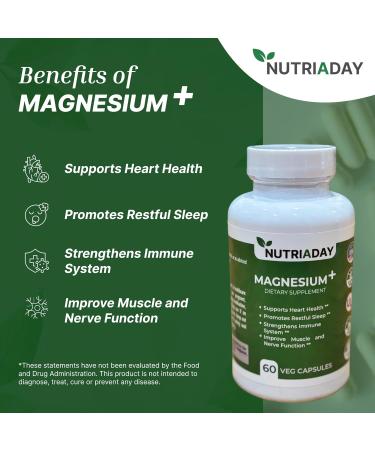 Nutriaday Magnesium Plus Supplement - Magnesium Complex for Stress Relief Heart Health Sleep Support Immune Boost Muscle & Nerve Aid - Pure Magnesium Glycinate Powder 60 Veg Capsules - Buy Online on GoSupps.com
