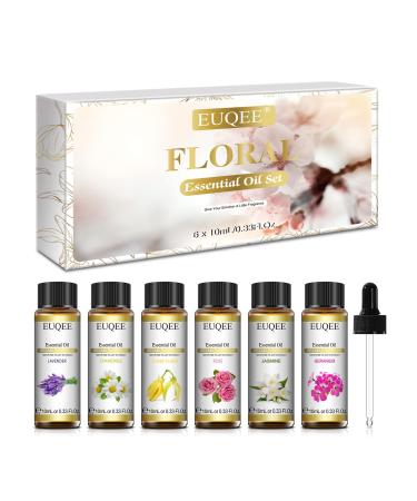 EUQEE Floral Essential Oils Set Natural Pure Aromatherapy Therapeutic Grade Essential Oil for Diffuser for Home Lavender Rose Ylang Ylang Jasmine Geranium Chamomile - 6 x 10ml White