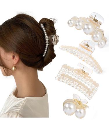 Mehayi 4 PCS Large Pearl Hair Claw Clips for Women Girls, Hair Barrette Clamps for Thick Thin Hair, Fashion Hair Accessories Headwear Styling Tools for Party Wedding Type B