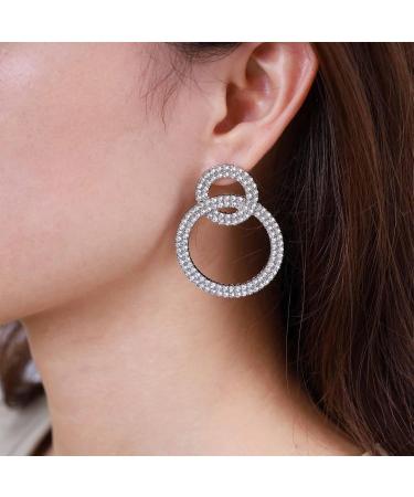 Vintage Crystal Circle Drop Earrings | Double Circle Hoop Earrings | Gold & Silver CZ Dangle Jewelry for Women - Buy Online on GoSupps.com