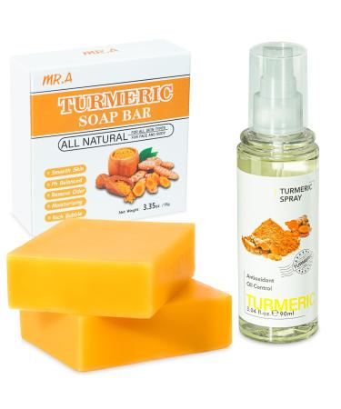 MR.A Turmeric Soap Bar and Turmeric Facial mist 2PCS Organic Tumeric Soap for Face and Body Lemon Natural Turmeric bar Soap with Vitamin C 1PC Turmeric Antibacterial Face Spray Turmeric Face Wash