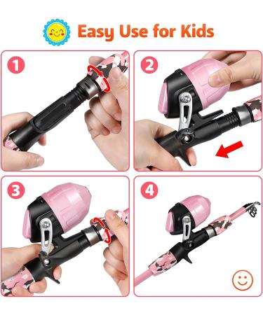 PLUSINNO Kids Fishing Pole with Spincast Reel Telescopic Rod Combo - Pink 47.24In - Ideal for Boys, Girls, and Adults - Buy Online on GoSupps.com
