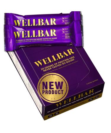 WELLBAR High Protein Bar - Salted Caramel Crisp - 12 x 57g Bars - 20g Protein Low Sugar (2g) High Fiber (3g) - Gluten-Free Non-GMO Zero Aftertaste Guilt-Free and Tastes Like a Soft Smooth Premium Chocolate Bar. Leave a review & Enter to Win an iPad.