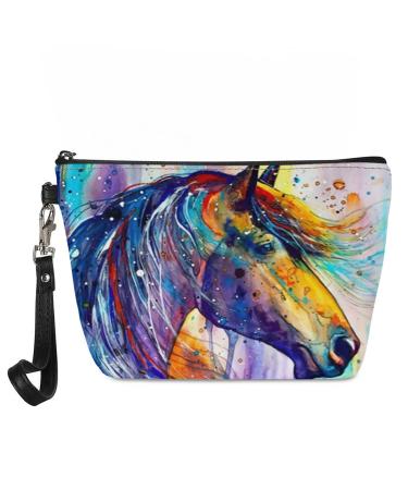 Watercolor Horse Painting Cosmetic Bag Water-resistant Leather Accessories Organizer for Toiletries/Cosmetics/Brushes Portable Artist Storage Bag Cosmetic Zip Bag with Wrist Strap for Women