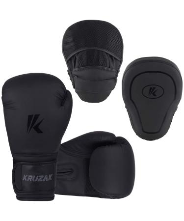 Kruzak Matte Black Boxing Gloves and Focus Mitts Set for Kickboxing and Muay Thai MMA Training - Fitness Kit with Punching Pads for Martial Arts and Karate 16 oz