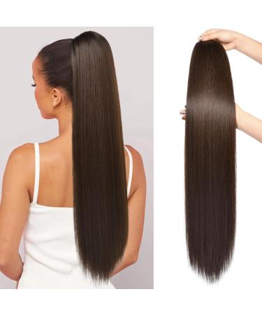 REECHO Ponytail Extension 28" Long Straight Drawstring Pony Hair Extension Synthetic Pony Tail Hairpiece for Women Chocolate Brown