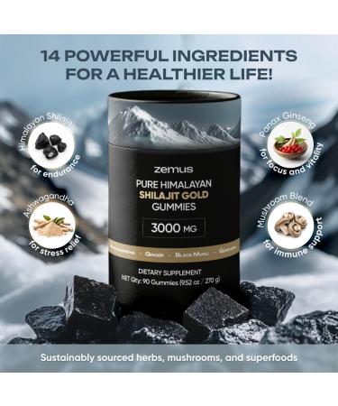 Zemus Himalayan Pure Shilajit Gummies I Lab Tested I Synergistic Blend of Ashwagandha & 5 Mushroom Complex | Fulvic Acid & 85+ Trace Minerals | for Men & Women (90 Count / 9.52 oz Gold) - Buy Online on GoSupps.com