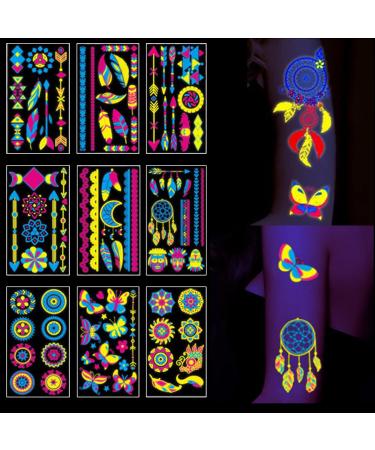 Glow in The Dark Temporary Tattoos Fluorescence UV Neon Body Face Fake Waterproof Tattoo Stickers Rave Festival Accessory Party Supplies for Women Men 10 Sheets(Style B)