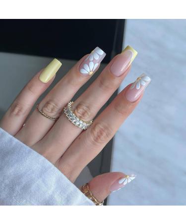 French Tip Press on Nails Medium Length Fake Nails  Spring Flower Press on Nails Square Shape with White Yellow Flower Design Glossy Acrylic Nails Full Cover False Nails Glue on Nails for Women and Girls 24pcs B