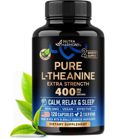 L Theanine 400 mg | L-Theanine Stress Relief | Extra Strength Supplement | Made in USA | Relaxation Sleep & Calm Support | For Men & Women | Plant Based Non-GMO & Gluten-Free | 120 Vegan Capsules 120 Count (Pack of 1)