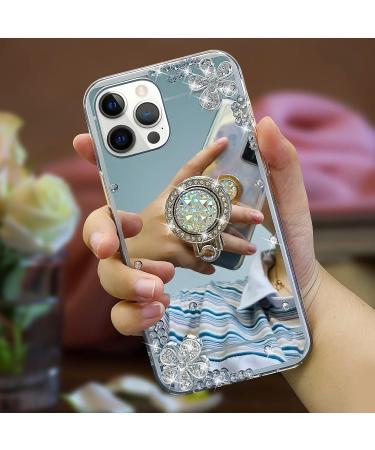 Omorro iPhone 13 Mini Makeup Mirror Case - Luxury Bling Glitter Rhinestone with Diamond Ring Stand - Cute Girly Silver Case for Women & Girls - Buy Online on GoSupps.com