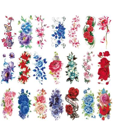 YAKAGO Flower Temporary Tattoos for Women - 21 Sheets of Rose, Cherry, Peony & Peach Blossom Designs | Waterproof Fake Tattoo Stickers for Adult Body Art - Buy Online on GoSupps.com