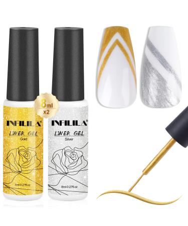 NXJ INFILILA Nail Art Gel Polish 2pcs 8ml Liner Nail Polish Set Gel Polish Liner Gold & Silver Classic Colors Gel Paint for Nails DIY Nail at Home and Manicure Salon Liner Gold Silver