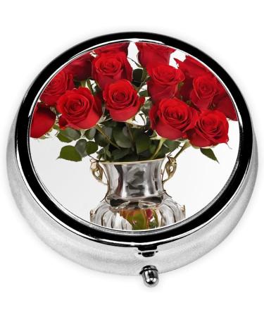 Red Roses Printed Round Pill Box - 3 Compartment Mini Portable Travel Organizer for Vitamins & Medications - Buy Online on GoSupps.com