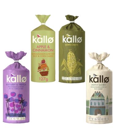 Kallo Rice & Corn Cakes Pick N Mix - Choose From Bags With 4 Flavours - Low Fat Lightly Salted Lightly Salted Apple & Cinnamon Blueberry & Vanilla - Pack of 2
