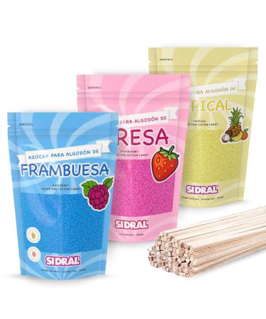 SIDRAL - Sucre Barbe Papa pour machine - Ar mes et Colorants Naturels - Lot de 3 x 250GR (Fraise - Framboise - Tropicale) poudre barbapapa + 50 B tonnets recyclables pour d gustation Rose bleu et jaune