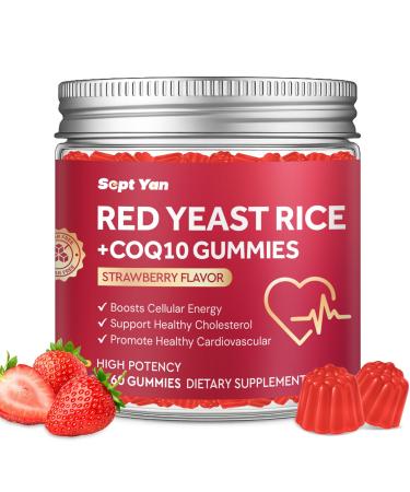 Red Yeast Rice with Coq10 Gummies, Red Yeast Rice 2500mg with Coq10 120mg Supplements for Cholesterol Support, Heart Health Support & Energy Support, Sugar free, Vegan, Strawberry Flavor - 60 Gummies