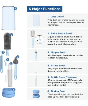 YOTIME Baby Bottle Brush Travel Kit - Extendable Silicone Brush, Nipple & Straw Cleaner, Soap Dispenser, Dust Cap - Blue - Buy Online on GoSupps.com