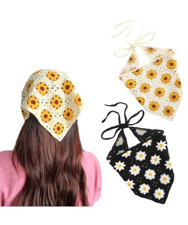 Kunyeah 2 Pieces Crochet Hair Bandana Floral Hair Scarf Boho Head Kerchief Vintage Headbands Triangle Hair Tie Handmade Hair Accessories for Girls Women (Yellow/Black)