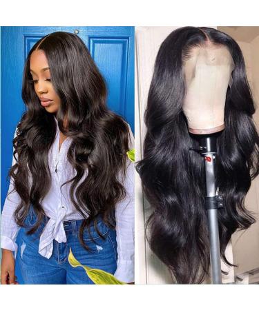 Flwing Body Wave Lace Front Wigs Human Hair 13x4 Frontal Wig for Women, 26 Inch Body Wave Frontal Wig Pre plucked with Baby Hair Transparent Lace Front Wig Glueless Brazilian Virgin Hair 150% Denisty Natural Balck (26 inch)