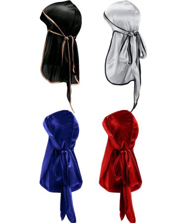 Tatuo 2 Pieces Velvet Durag and 2 Pieces Silky Soft Durag Cap Headwraps with Long Tail and Wide Straps for 360 Waves(Black  Silver  Blue  Red)